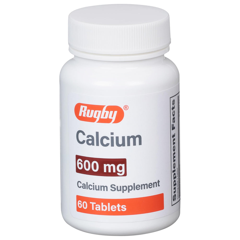 Rugby Laboratories Rugby 600mg Calcium tablets packaging shown for reliable daily use.
