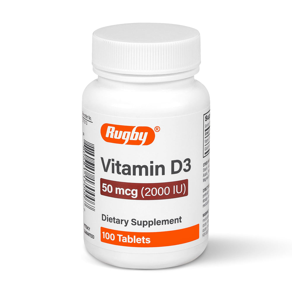 Rugby Laboratories Vitamin D3 2000 IU bottle front view for daily bone and immune support.