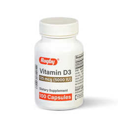 Rugby Laboratories Vitamin D3 5000 IU bottle closeup for immune support and bone health.