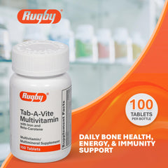 Rugby Tab-A-Vite bottle label highlights iron and B vitamins for daily nutrition.