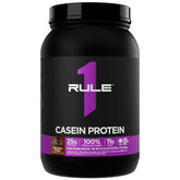 Rule 1 Casein Protein bottle front with Chocolate Fudge flavor for nightly nutrition