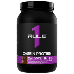 Rule 1 Casein Protein bottle front with Chocolate Fudge flavor for nightly nutrition
