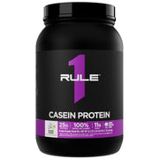 Rule 1 Casein Protein Vanilla Creme bottle ready for slow-release night-time recovery.