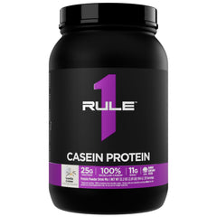 Rule 1 Casein Protein Vanilla Creme bottle ready for slow-release night-time recovery.