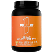 Rule 1 Clear Whey Isolate peach mango bottle highlights a crisp, low-sugar protein option.