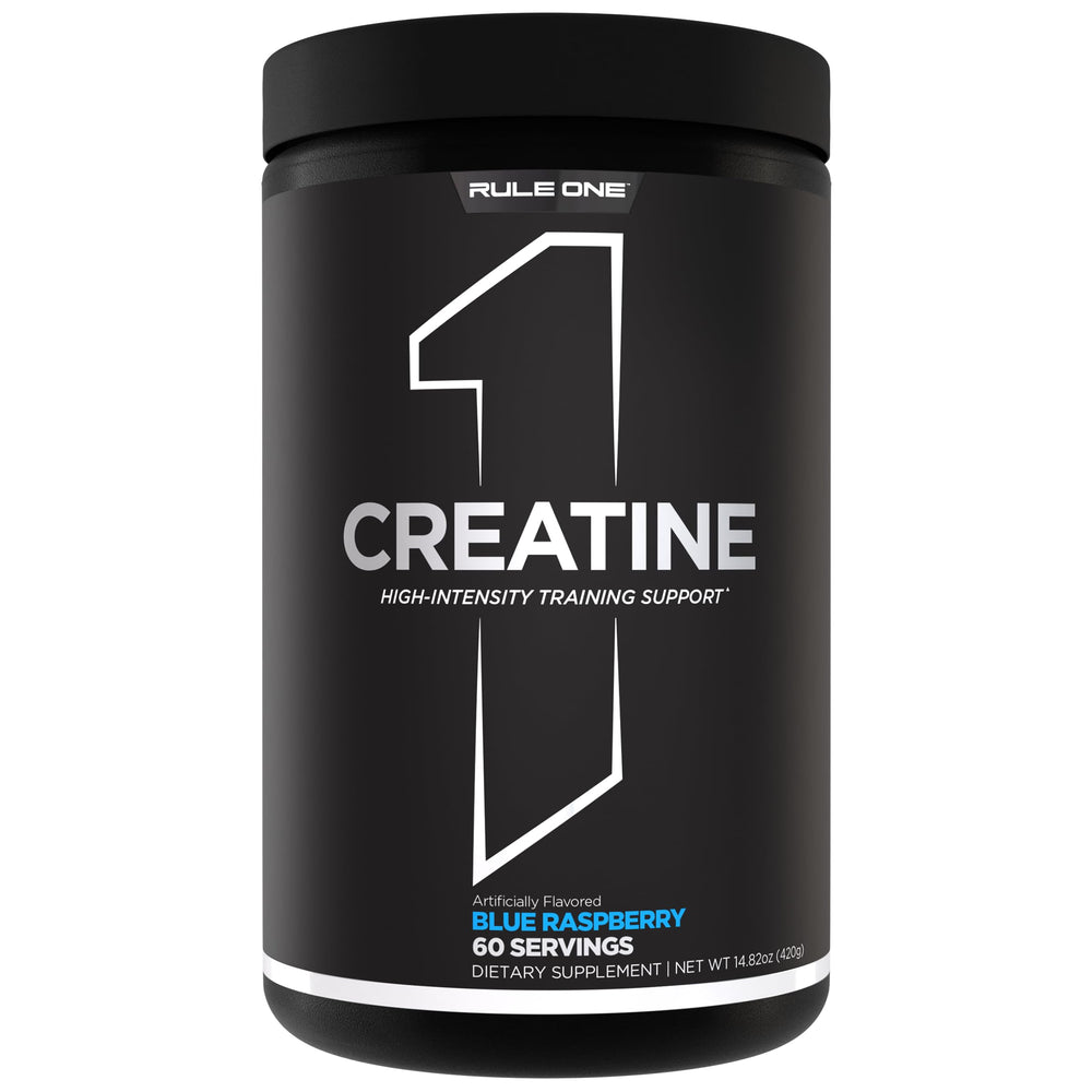 Rule 1 Creatine Powder blue raspberry bottle shows 5 g serving for workouts.