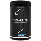Rule 1 Creatine Powder blue raspberry bottle shows 5 g serving for workouts.