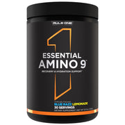 Rule 1 Essential Amino 9 bottle shows blue label and recovery cues
