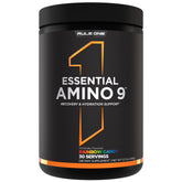 Rule 1 Essential Amino 9 tub label shows clean ingredients for recovery support.