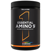 Rule 1 Essential Amino 9 tub label shows clean ingredients for recovery support.