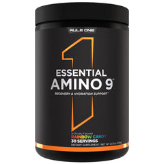 Rule 1 Essential Amino 9 tub label shows clean ingredients for recovery support.