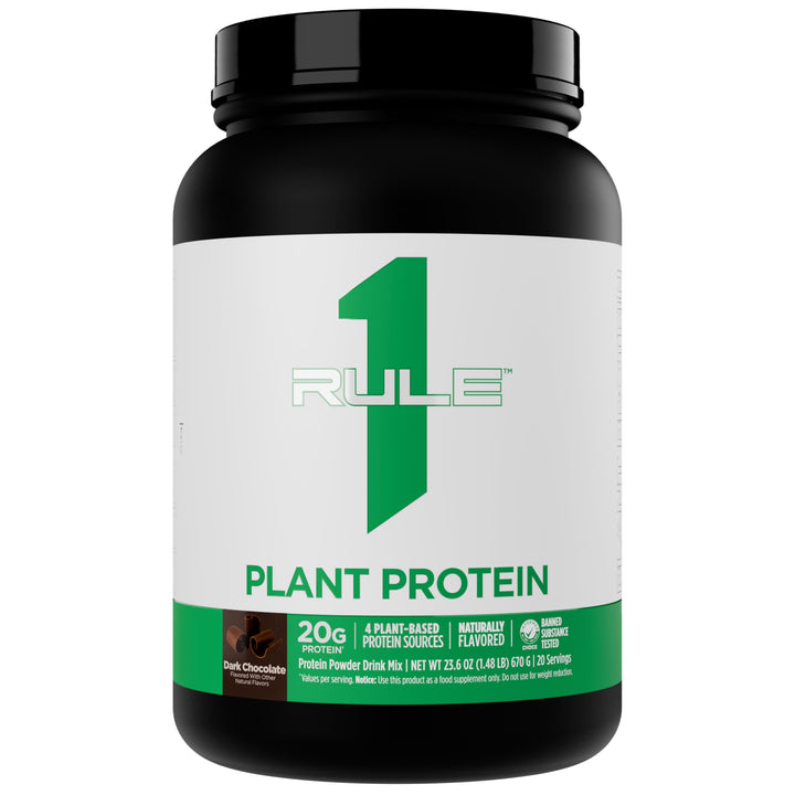 Rule 1 Plant Protein powder in dark chocolate canister for quick protein boosts
