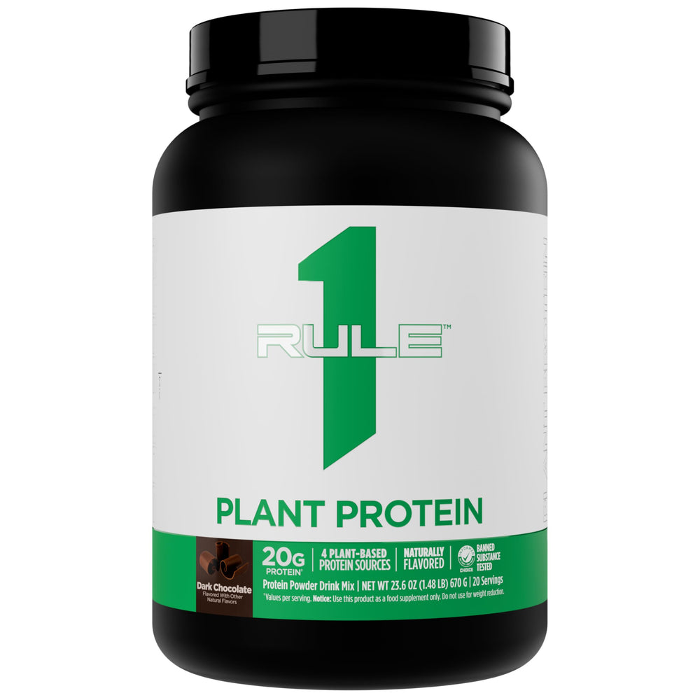 Rule 1 Plant Protein powder in dark chocolate canister for quick protein boosts