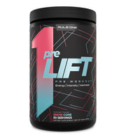 Rule 1 preLIFT bottle front view for pre-workout energy with Snow Cone flavor