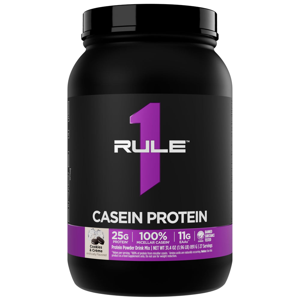 Rule 1 Casein Protein bottle, side view, highlighting 25g protein per serving.