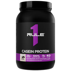 Rule 1 Casein Protein bottle, side view, highlighting 25g protein per serving.