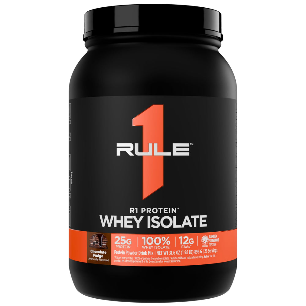 Rule 1 Proteins R1 Whey Isolate front label shows a high‑quality protein source