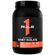 Rule 1 Proteins R1 Whey Isolate front label shows a high‑quality protein source