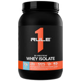 Rule 1 Proteins R1 Whey Isolate jar highlights pure whey protein for post-workout support