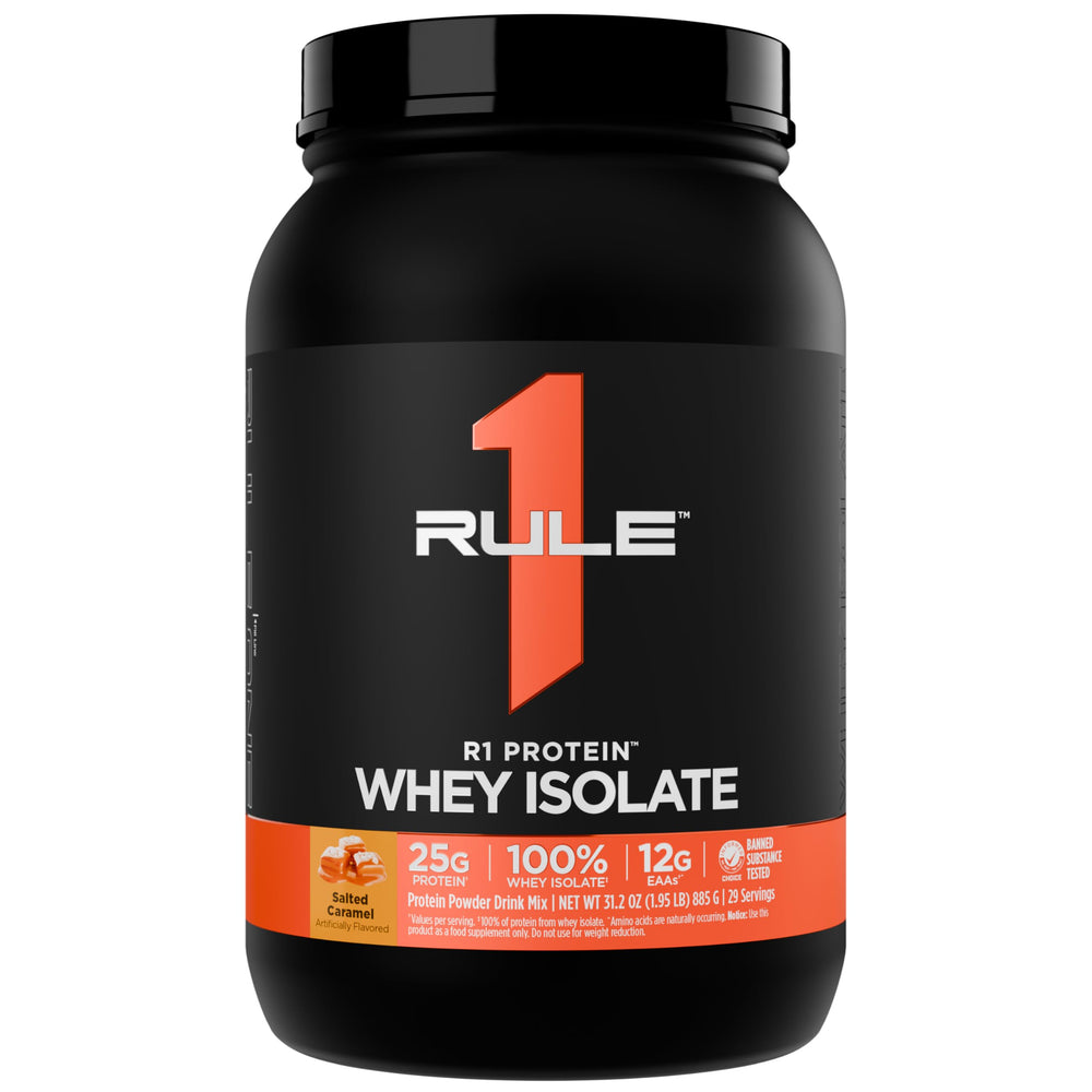 Rule 1 Proteins R1 Whey Isolate salted caramel tub, ideal for post-workout recovery.
