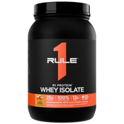 Rule 1 Proteins R1 Whey Isolate salted caramel tub, ideal for post-workout recovery.