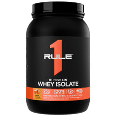 Rule 1 Proteins R1 Whey Isolate salted caramel tub, ideal for post-workout recovery.