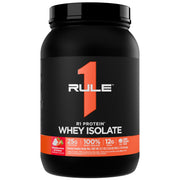 Rule 1 Proteins R1 Whey Isolate tub with Strawberries & Crème for post-workout protein