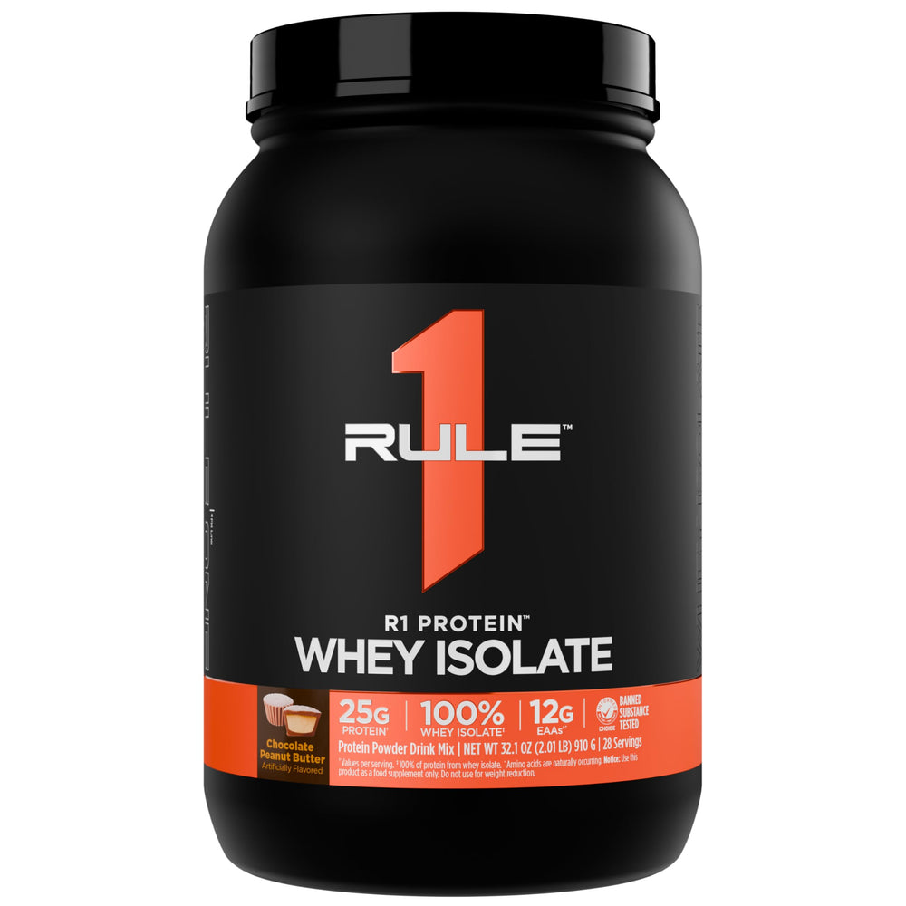 Rule 1 R1 Protein Whey Isolate bottle showing pure isolate protein for clean macros.