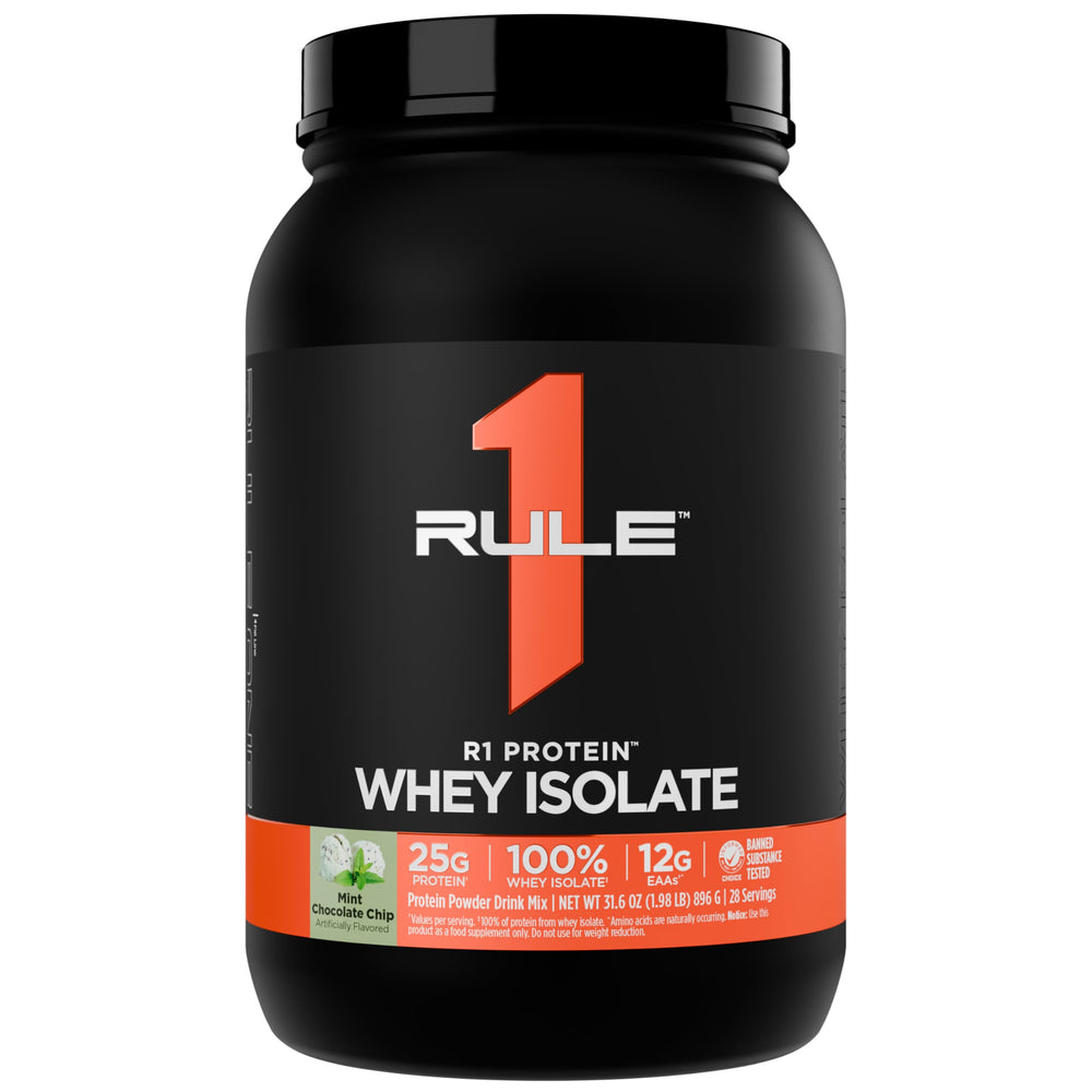 Rule 1 R1 Whey Isolate bottle in mint chocolate chip flavor for post-workout shakes