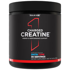 Rule 1 Charged Creatine bottle front Snow Cone flavor energizing workouts.