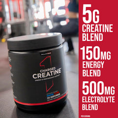 Rule 1 Charged Creatine label close-up shows 5g creatine blend.