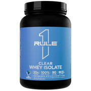 Rule 1 Clear Whey Isolate blue raspberry bottle ready for a crisp post-workout refresh.
