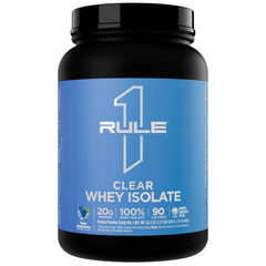 Rule 1 Clear Whey Isolate blue raspberry bottle ready for a crisp post-workout refresh.
