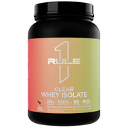 Rule 1 Clear Whey Isolate Cherry Limade bottle highlights 20g protein and zero sugar for a crisp shake