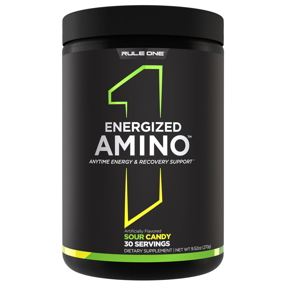 Rule 1 Energized Amino bottle label showing energy and recovery ingredients