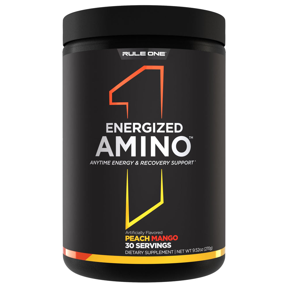 Rule 1 Energized Amino bottle—peach mango flavor for daily energy and recovery.