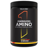 Rule 1 Energized Amino bottle—peach mango flavor for daily energy and recovery.