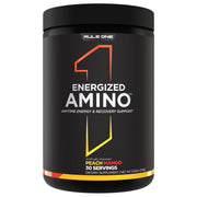 Rule 1 Energized Amino bottle—peach mango flavor for daily energy and recovery.