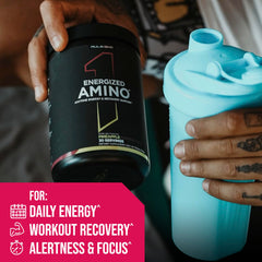 Rule 1 Energized Amino label closeup with amino acids and caffeine details.