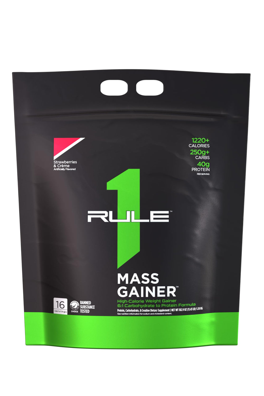 Rule1 Mass Gainer front label highlights high calories and protein