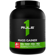 Rule1 Mass Gainer strawberry creme bottle shows high-calorie fuel for workouts