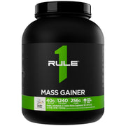 Rule1 Mass Gainer bottle with creamy vanilla creme shake energizing workouts