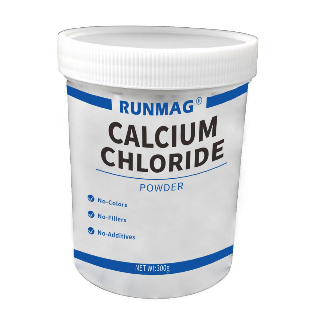 RUNMAG Calcium chloride powder in a 300g container; pure ingredient ready for culinary use.