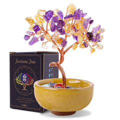 Runyangshi amethyst and citrine tree of life with tea cup base, elegant decor and feng shui charm.