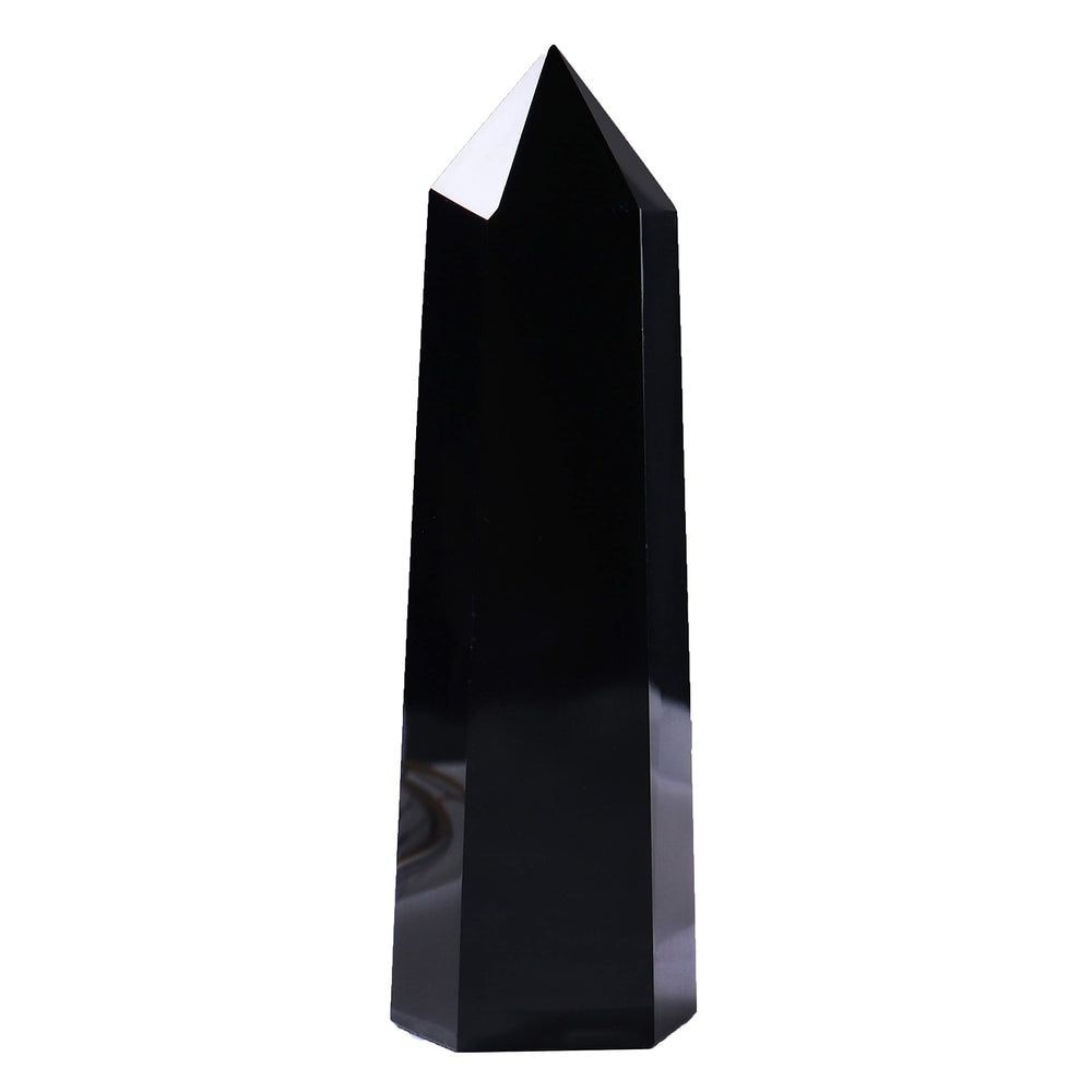 Runyangshi obsidian wand tower with six facets suitable for focused energy work.