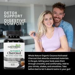 RUSHIHERBS Activated Charcoal capsules closeup show convenient daily dosing.
