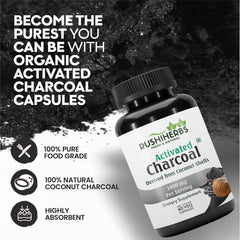 RUSHIHERBS Activated Charcoal capsules inside a package highlight 500mg per serving.