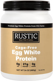 Rustic Nutrition egg white protein container label highlights high protein content