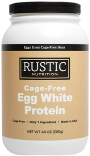 Rustic Nutrition egg white protein powder jar open, convenient protein from cage-free eggs.