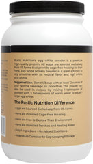 Rustic Nutrition egg white protein powder USA-sourced supporting humane farming.